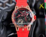 Clone Roger Dubuis Excalibur 46 Rose Gold Skeleton Tourbillon Watch Red Rubber Strap